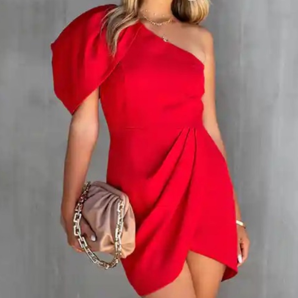 Vici puff sleeve ruched red mini dress, small